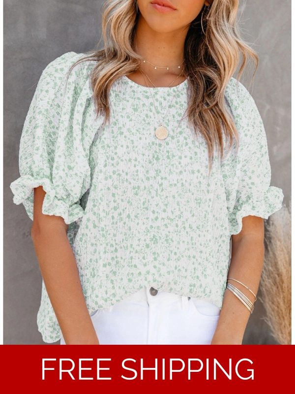 Women Fashion Puff Floral Short Sleeve Tops